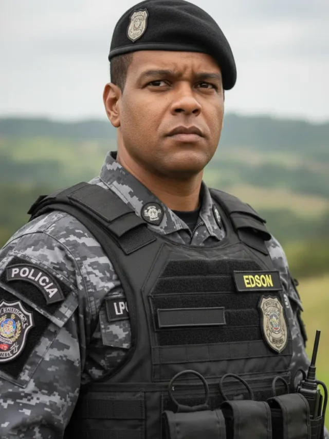 #01 Prompt: Policial em uniforme tático com colete balístico Homem fardado em uniforme tático camuflado, com boina, em pose de vigilância, estilo fotorrealista.