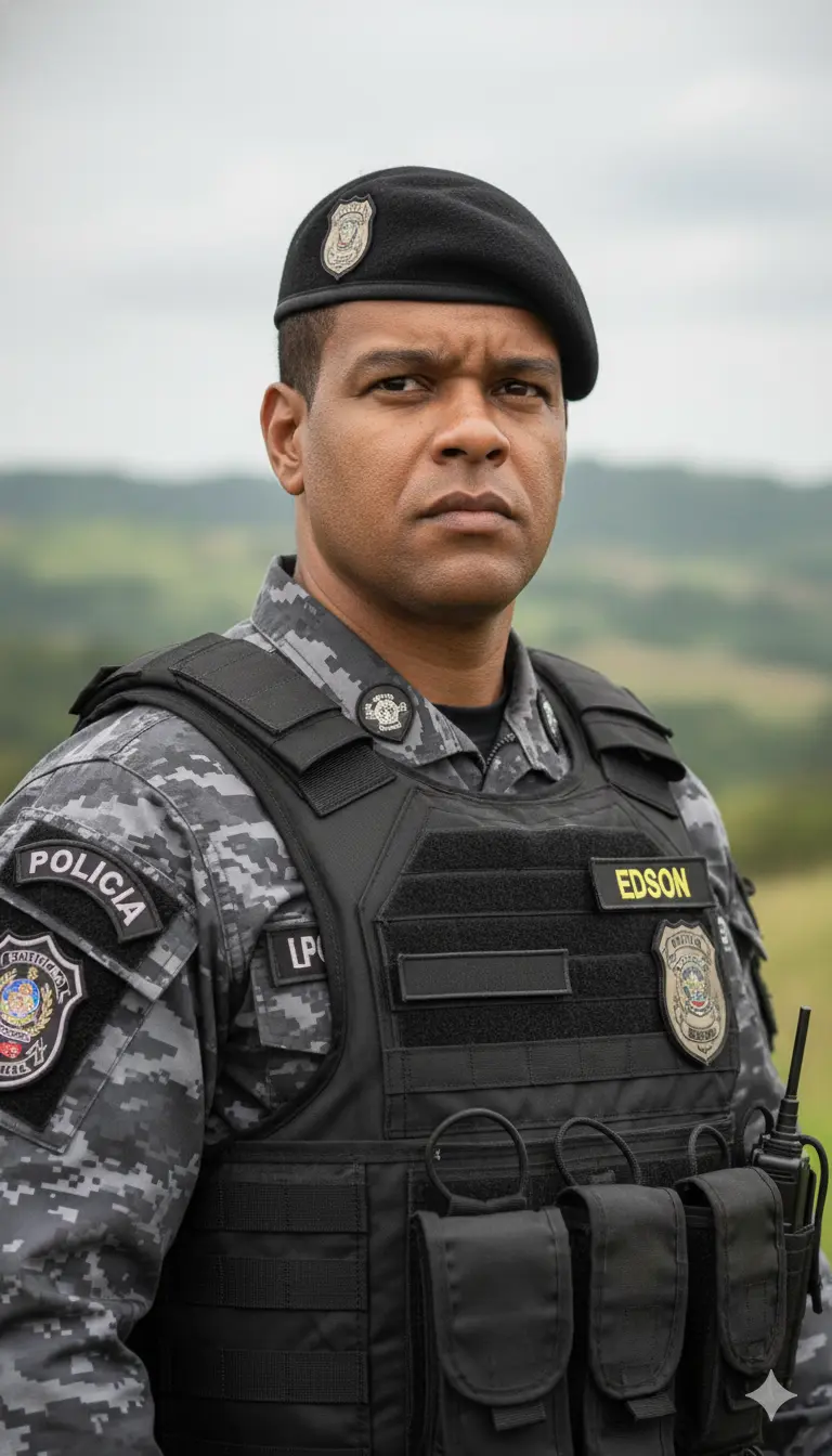 Homem fardado em uniforme tático camuflado, com boina, em pose de vigilância, estilo fotorrealista.